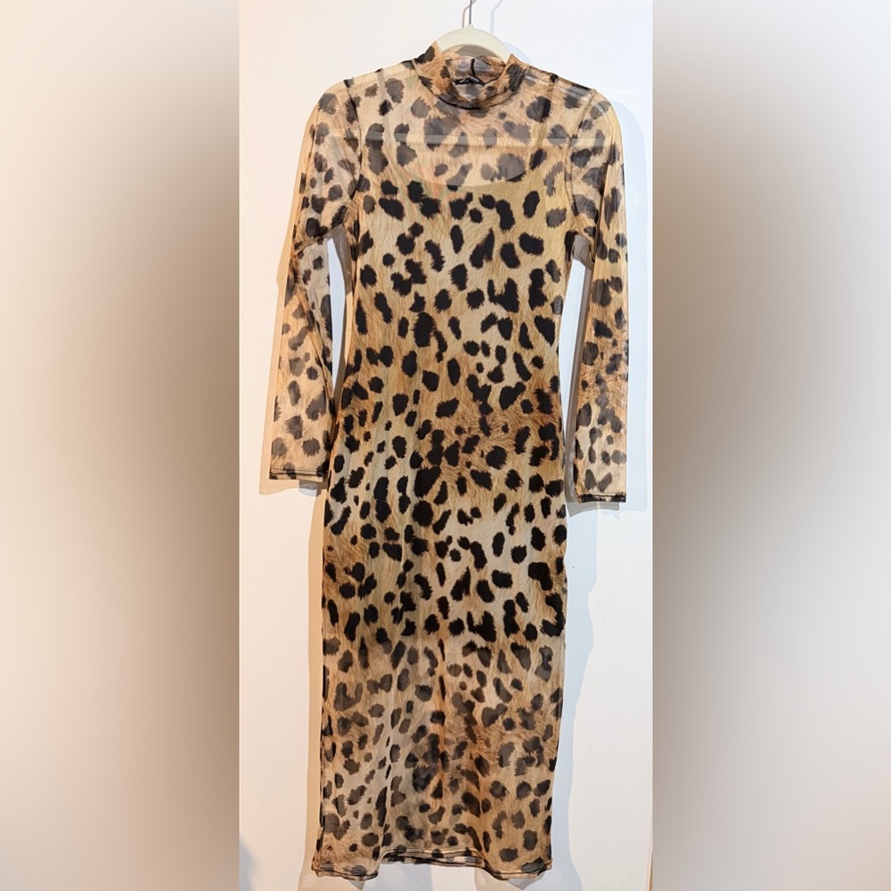 Leopard Print Long Sleeve Mesh Dress